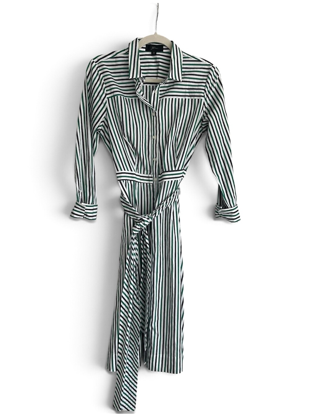 J.Crew Tie-Waist Striped Shirtdress Green White Multi Midi Cotton Poplin H779110